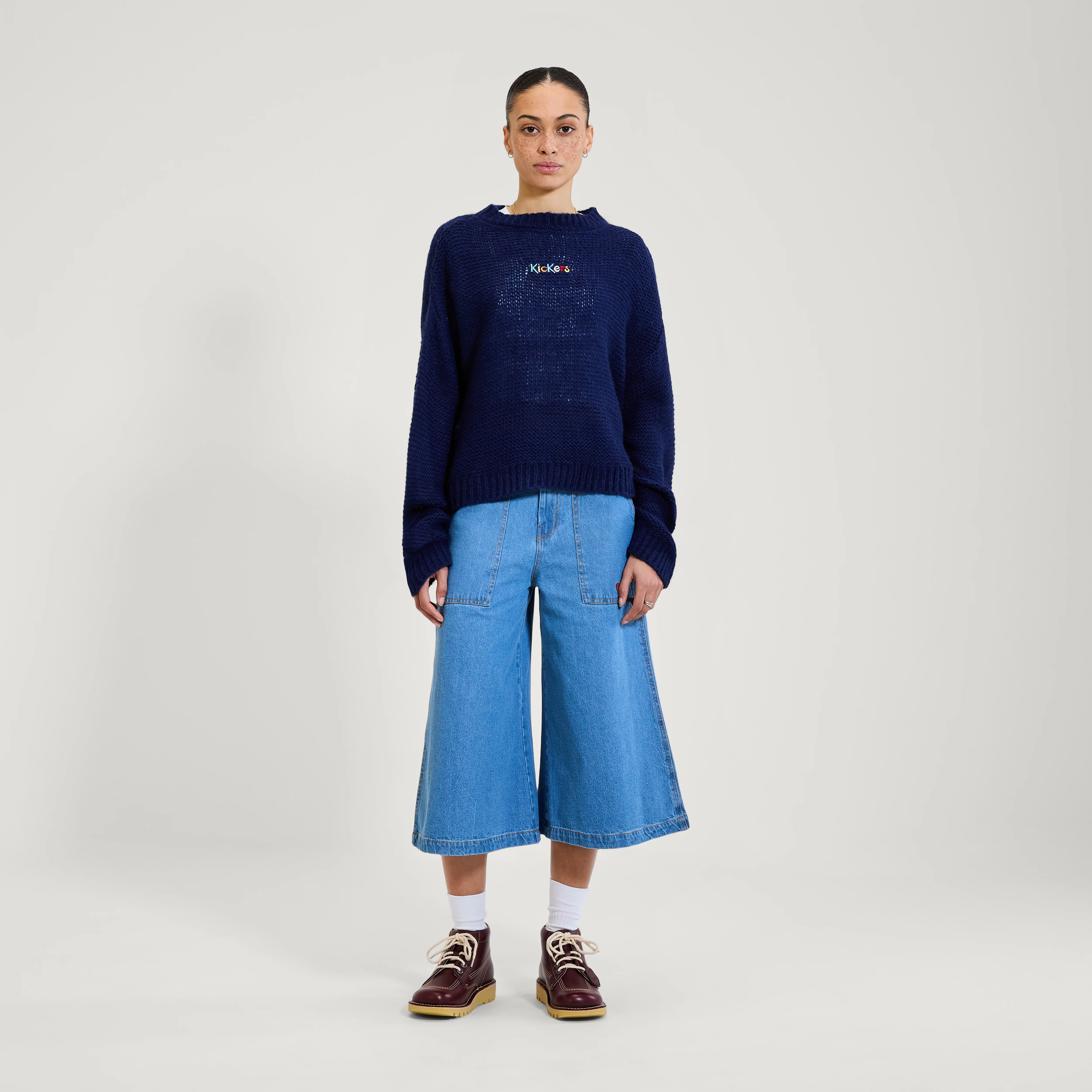 Adult Womens Kickers Boat Neck Wide Sleeve Knit Navy - Image 5